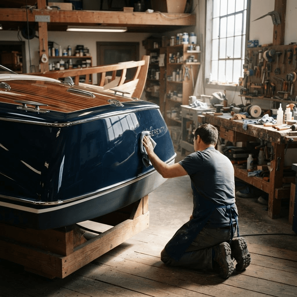 Craftsperson restoring a fiberglass boat hull in a marine workshop